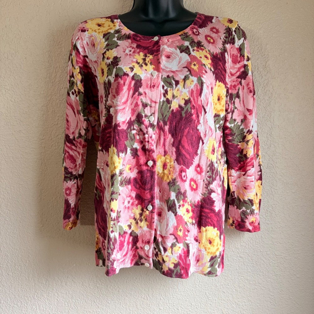 Talbots Silk Cotton Floral Cardigan Sweater Pink Red Yellow Size M Long Sleeve